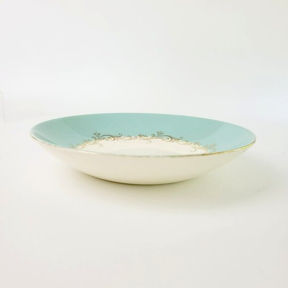 Lifetime China Homer Laughlin Soup Bowl Gold Crown Aqua Boarder Gold Scrolls MCM - Picture 3 of 13